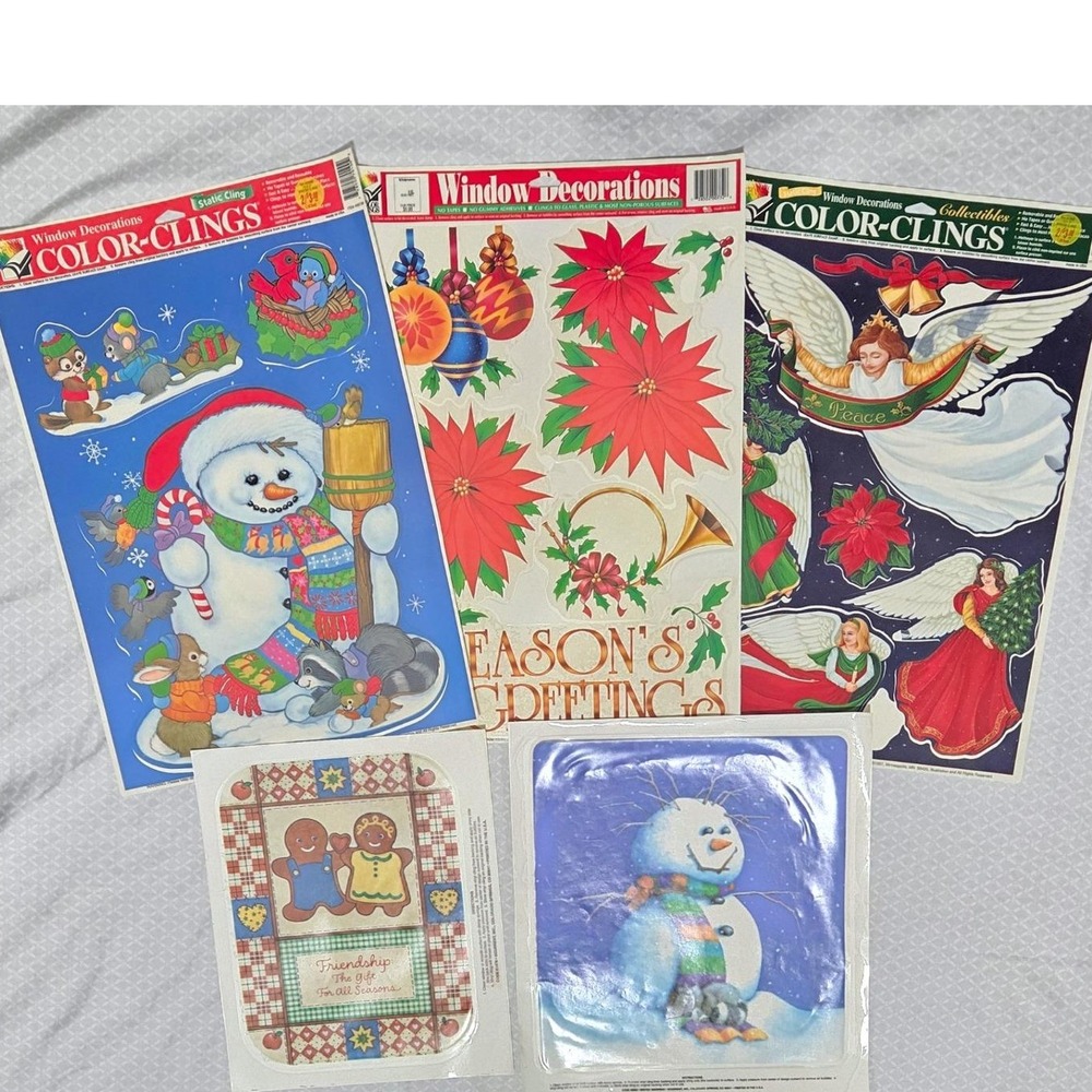 Window Clings Vtg 90s Holiday Christmas Angels Snowman Gingerbread USA
